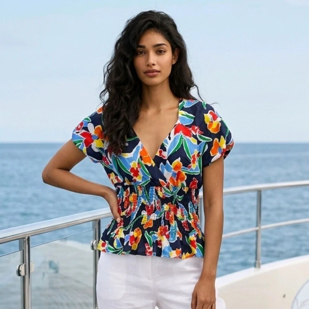 Ralph Lauren Silk Floral Surplice Babydoll Blouse Puff Sleeve Smocked Peplum Top